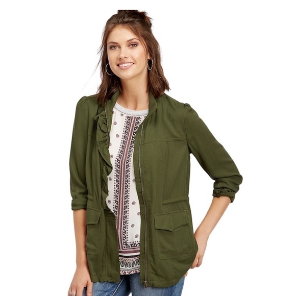 Maurice’s Olive Green Ruffle Front Flap Pocket Anorak Jacket Size Medium - Picture 1 of 14